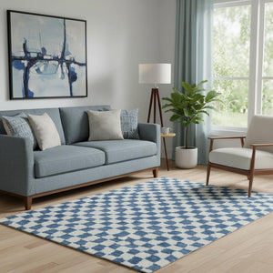 HomeRoots 8' Navy Blue And Ivory Geometric Round Rug - Washable, UV-Protected, Kid & Pet Friendly Design! 709393