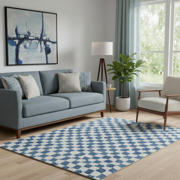 HomeRoots 8' Navy Blue And Ivory Geometric Round Rug - Washable, UV-Protected, Kid & Pet Friendly Design! 709393