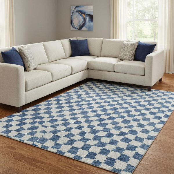 HomeRoots 9' X 12' Navy Blue Ivory Geometric Washable Area Rug - Durable, Stylish, UV Protected for Any Room 709395