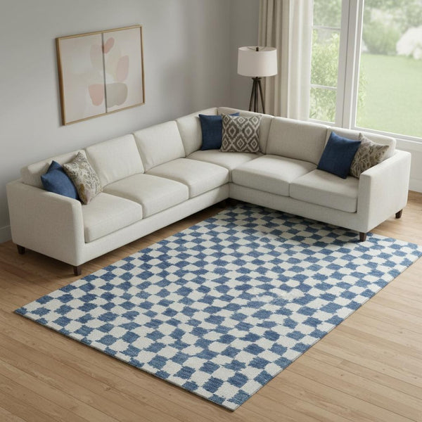 HomeRoots 10' X 14' Navy Blue & Ivory Geometric Area Rug - Washable, UV Protected, Durable for Busy Homes 709396