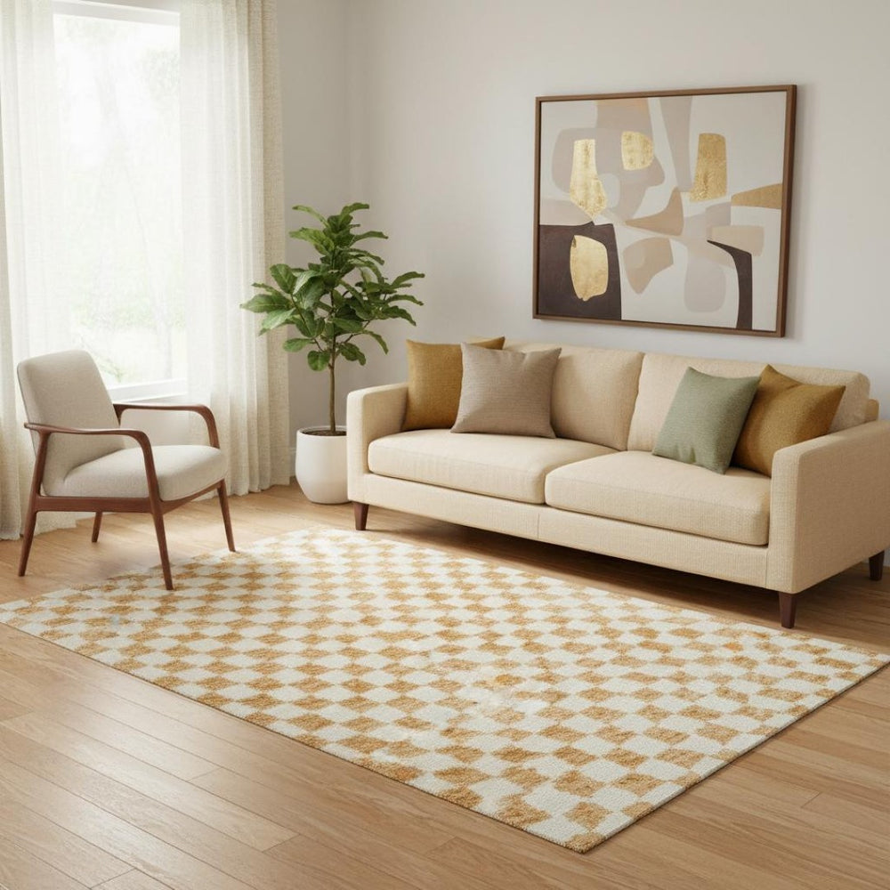 HomeRoots 8' Orange and Ivory Geometric Round Rug - Washable, UV-Protected, Durable for High-Traffic Areas 709399