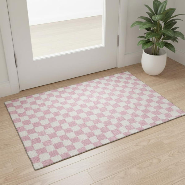 HomeRoots 5' X 8' Pink and Ivory Geometric Area Rug - Washable, Stain Resistant, UV Protected for Stylish Spaces 709404