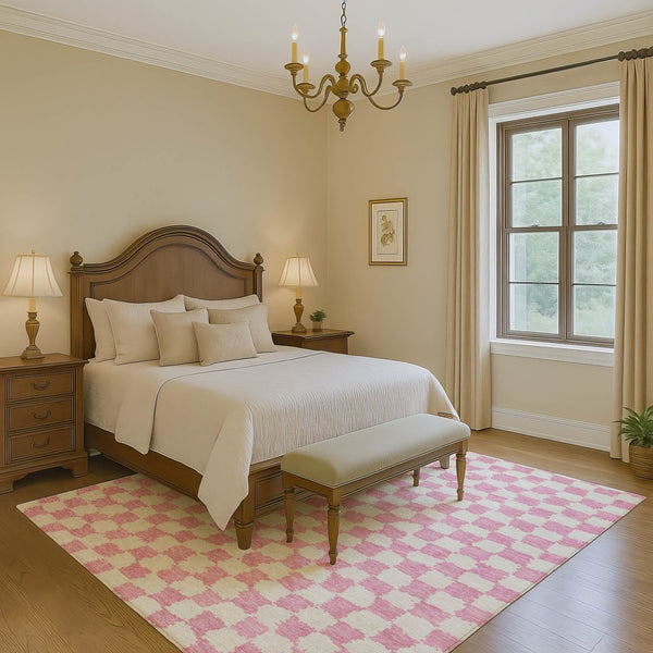 HomeRoots 5' X 8' Pink and Ivory Geometric Area Rug - Washable, Stain Resistant, UV Protected for Stylish Spaces 709404