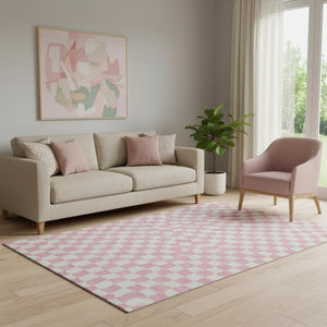 HomeRoots 8' Pink And Ivory Geometric Round Rug - Washable, UV-Protected, Durable, Modern Style for Any Room 709405