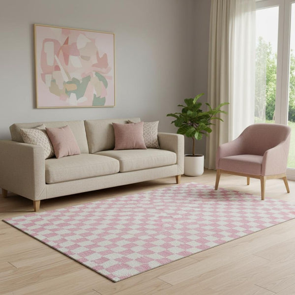 HomeRoots 8' Pink And Ivory Geometric Round Rug - Washable, UV-Protected, Durable, Modern Style for Any Room 709405