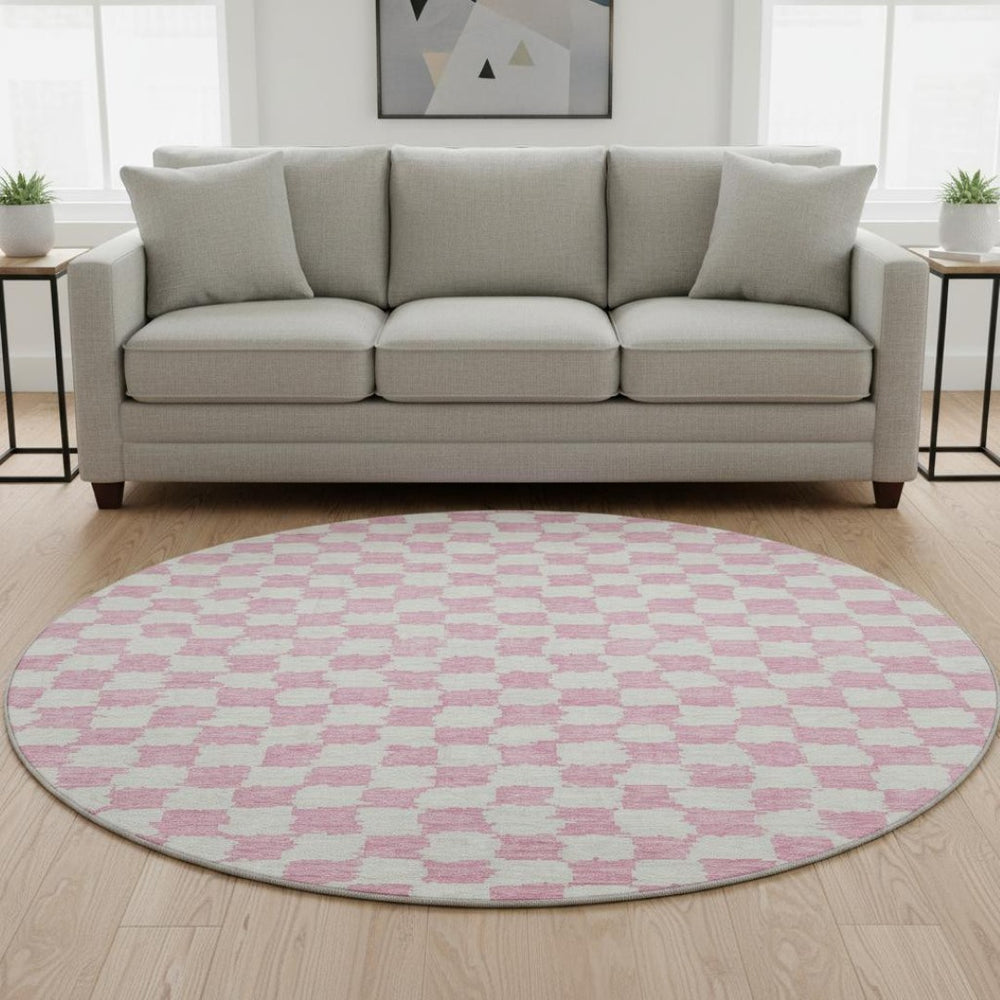 HomeRoots 8' X 10' Pink and Ivory Geometric Area Rug - Washable, UV Protected, Durable, Modern Design for Homes 709406