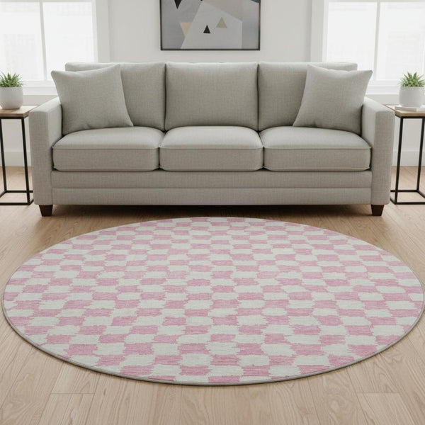 HomeRoots 8' X 10' Pink and Ivory Geometric Area Rug - Washable, UV Protected, Durable, Modern Design for Homes 709406