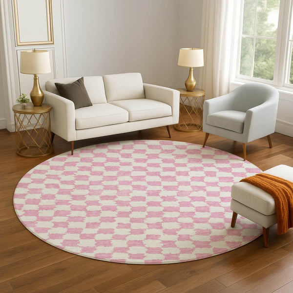 HomeRoots 8' X 10' Pink and Ivory Geometric Area Rug - Washable, UV Protected, Durable, Modern Design for Homes 709406