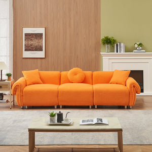 English Elm 112 Plush Teddy Velvet Sofa 112" x 38.2" x 28.3" with Metal White Legs, 3-Person Seating, 3 Pillows, 500lb Capacity Orange W1278S00047