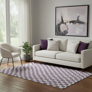 HomeRoots 8' Purple and Ivory Geometric Washable Round Rug - Stylish, Durable, UV-Protected, Pet-Friendly Design 709411