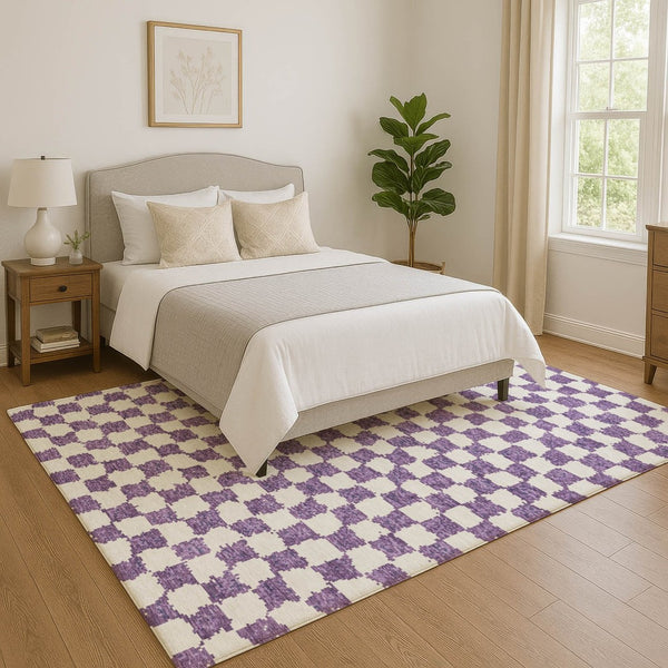 HomeRoots 9' X 12' Purple & Ivory Geometric Washable Area Rug with UV Protection for Home, Patio & Playroom 709413
