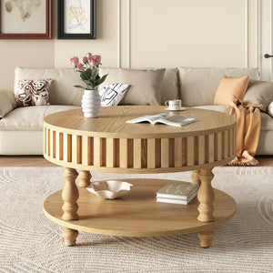 English Elm Farmhouse Fluted Square Coffee Table with Flip Top Hidden Compartment and Open Shelf Natural Wood W1445P370481