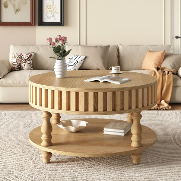English Elm Farmhouse Fluted Square Coffee Table with Flip Top Hidden Compartment and Open Shelf Natural Wood W1445P370481