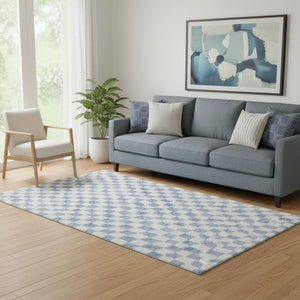 HomeRoots 8' Sky Blue and Ivory Geometric Round Rug - Washable, UV-Protected, Stain-Resistant for Modern Homes 709417