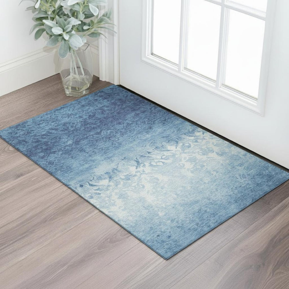 HomeRoots 5' X 8' Denim Blue & Ivory Damask Rug - Washable, UV Protected, Durable for Kids & Pets, Stylish Decor 709428