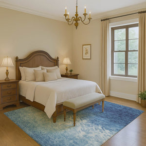 HomeRoots 5' X 8' Denim Blue & Ivory Damask Rug - Washable, UV Protected, Durable for Kids & Pets, Stylish Decor 709428
