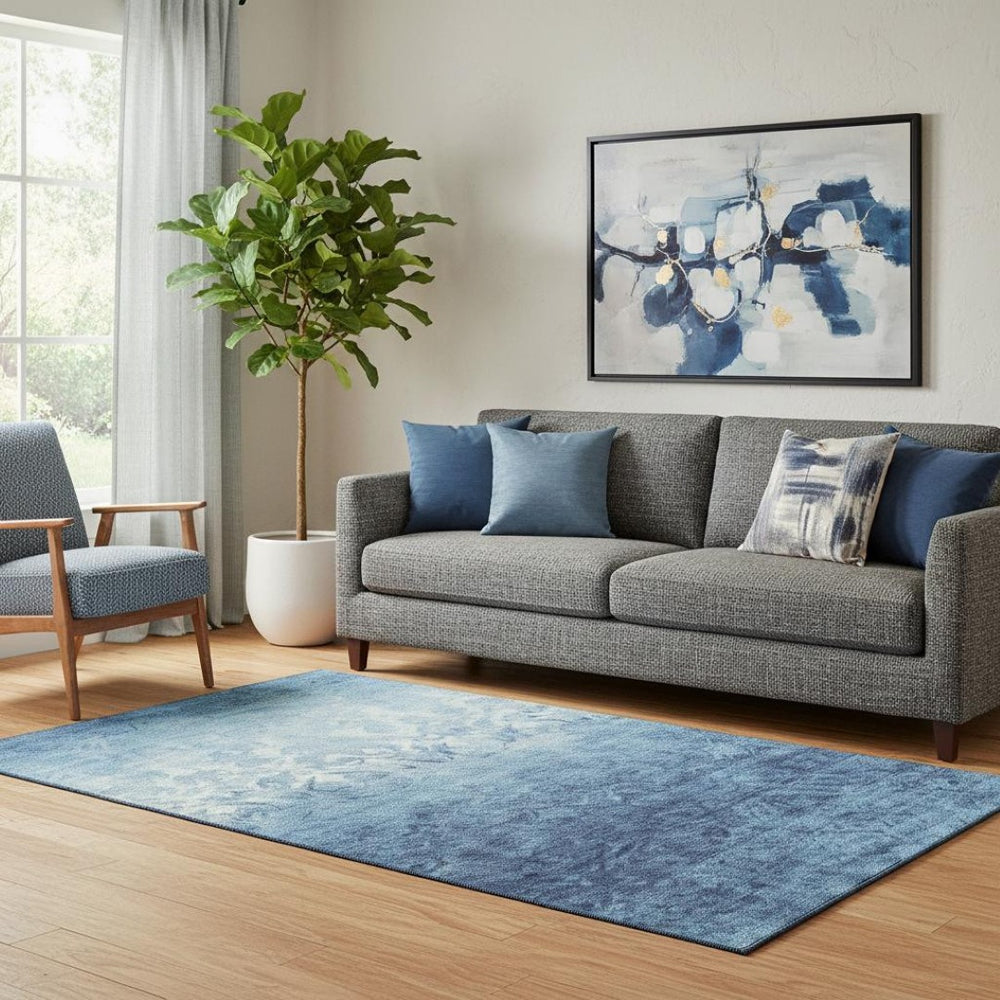 HomeRoots 8' Denim Blue & Ivory Damask Round Rug – Washable, UV-Protected, Durable for High-Traffic Areas! 709429