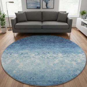 HomeRoots 8' X 10' Washable Denim Blue & Ivory Damask Area Rug – UV Protected, Stain Resistant, Pet Friendly! 709430