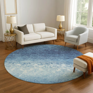 HomeRoots 8' X 10' Washable Denim Blue & Ivory Damask Area Rug – UV Protected, Stain Resistant, Pet Friendly! 709430