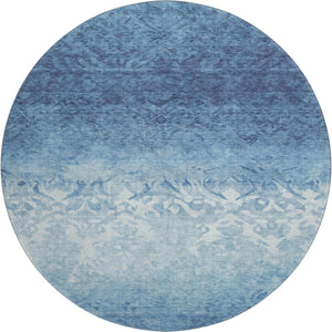 HomeRoots 8' X 10' Washable Denim Blue & Ivory Damask Area Rug – UV Protected, Stain Resistant, Pet Friendly! 709430
