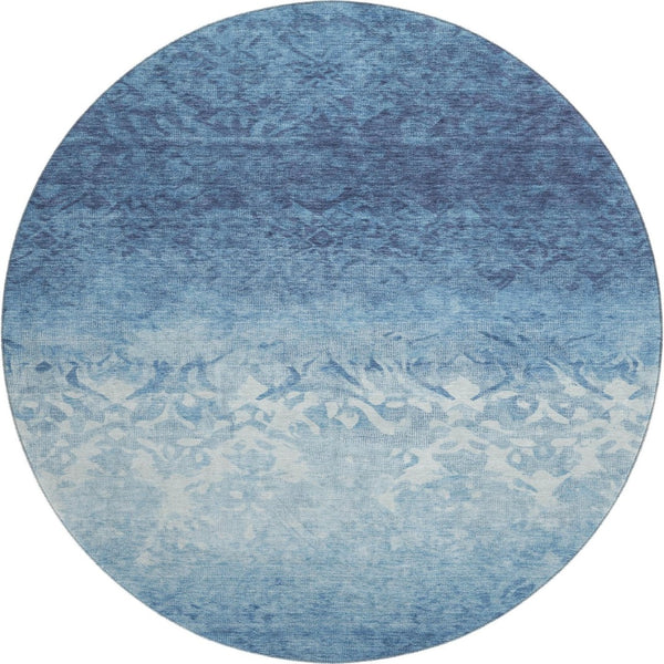 HomeRoots 8' X 10' Washable Denim Blue & Ivory Damask Area Rug – UV Protected, Stain Resistant, Pet Friendly! 709430