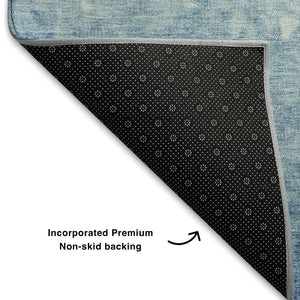 HomeRoots 8' X 10' Washable Denim Blue & Ivory Damask Area Rug – UV Protected, Stain Resistant, Pet Friendly! 709430