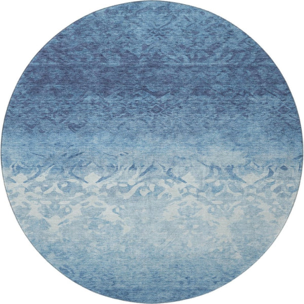 HomeRoots 8' X 10' Washable Denim Blue & Ivory Damask Area Rug – UV Protected, Stain Resistant, Pet Friendly! 709430