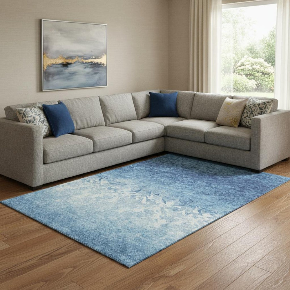 HomeRoots 9' X 12' Denim Blue & Ivory Damask Area Rug - Stain-Resistant, UV-Protected, Non-Slip Backing 709431