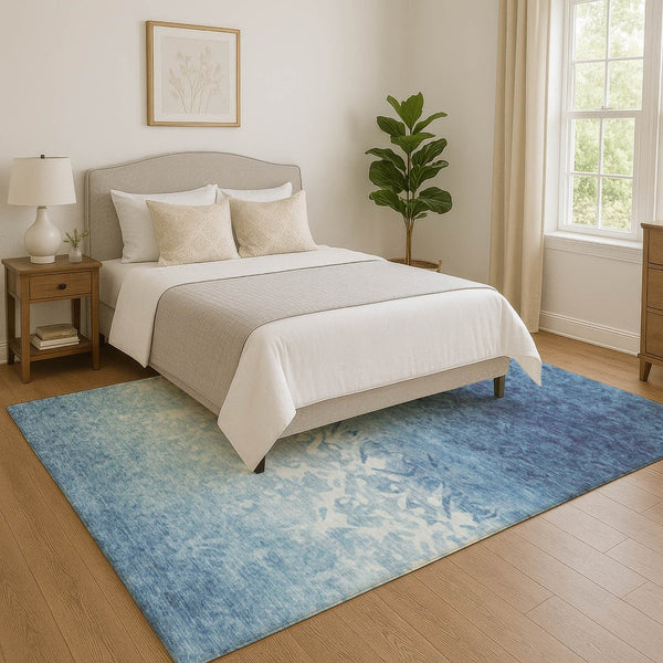 HomeRoots 9' X 12' Denim Blue & Ivory Damask Area Rug - Stain-Resistant, UV-Protected, Non-Slip Backing 709431