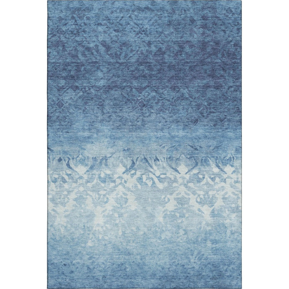 HomeRoots 9' X 12' Denim Blue & Ivory Damask Area Rug - Stain-Resistant, UV-Protected, Non-Slip Backing 709431