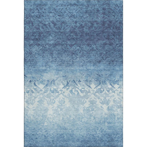 HomeRoots 9' X 12' Denim Blue & Ivory Damask Area Rug - Stain-Resistant, UV-Protected, Non-Slip Backing 709431
