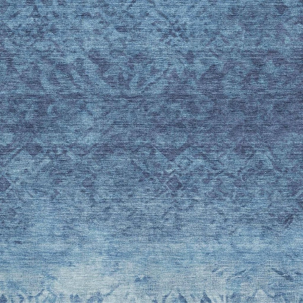 HomeRoots 9' X 12' Denim Blue & Ivory Damask Area Rug - Stain-Resistant, UV-Protected, Non-Slip Backing 709431