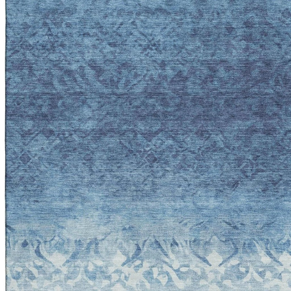 HomeRoots 9' X 12' Denim Blue & Ivory Damask Area Rug - Stain-Resistant, UV-Protected, Non-Slip Backing 709431