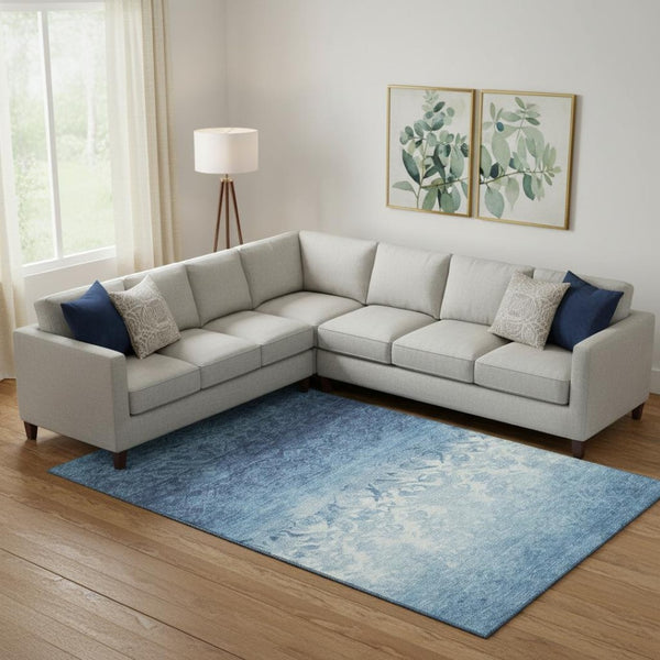 HomeRoots 10' Denim Blue & Ivory Damask Washable Area Rug - UV Protected, Durable, Easy Care for Active Homes 709432