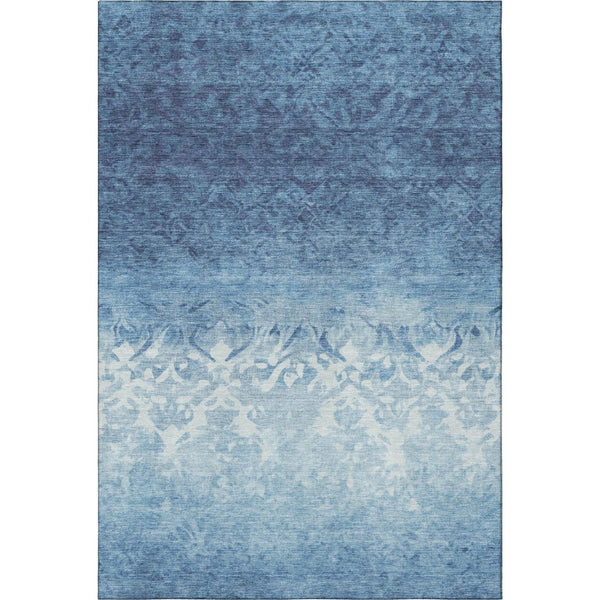 HomeRoots 10' Denim Blue & Ivory Damask Washable Area Rug - UV Protected, Durable, Easy Care for Active Homes 709432