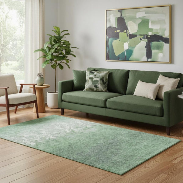 HomeRoots 8' Elegant Green and Ivory Damask Washable Round Rug with UV Protection for Busy Homes & Patios 709435