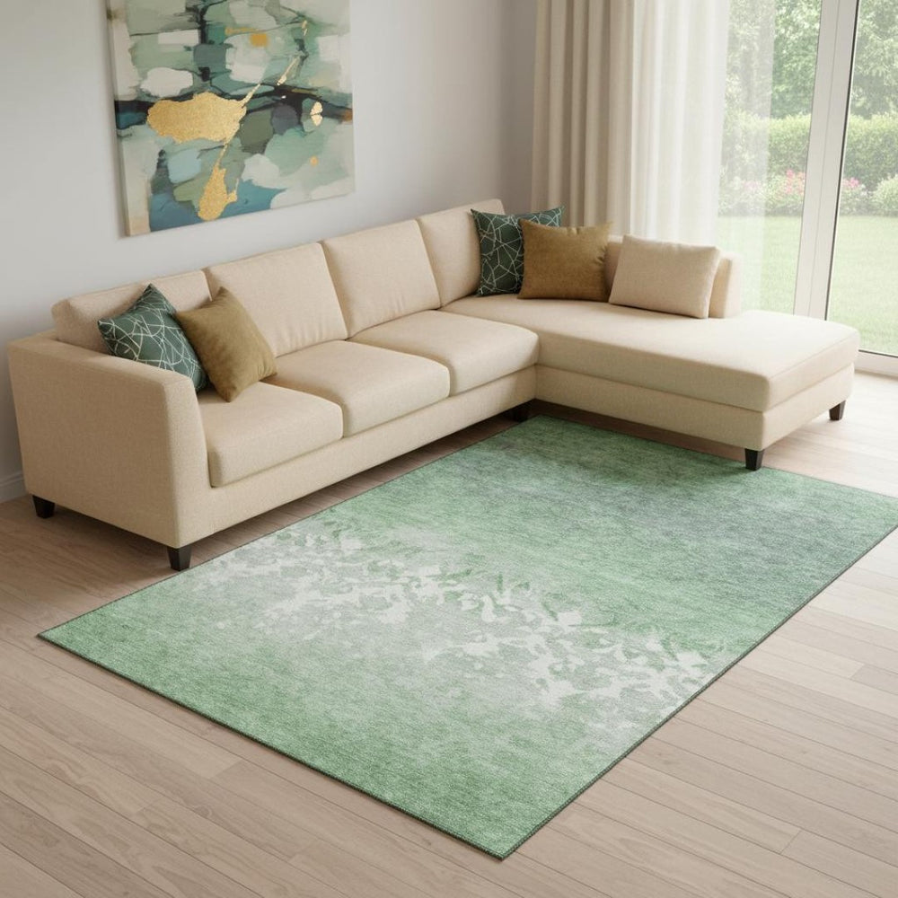 HomeRoots 9' X 12' Washable Green & Ivory Damask Area Rug with UV Protection for High-Traffic Family Spaces 709437