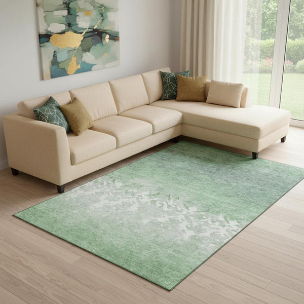 HomeRoots 9' X 12' Washable Green & Ivory Damask Area Rug with UV Protection for High-Traffic Family Spaces 709437