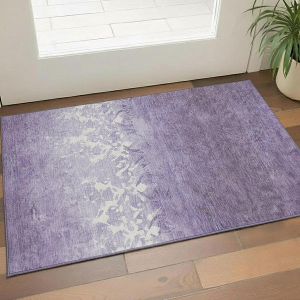 HomeRoots 5' Purple & Ivory Damask Area Rug - Machine Washable, UV Protected, Stain Resistant for Busy Homes 709440
