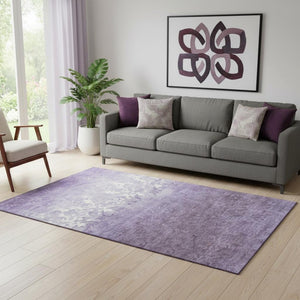 HomeRoots 8' Elegant Purple and Ivory Damask Washable Rug with UV Protection – Soft, Stain-Resistant, Non-Slip! 709441