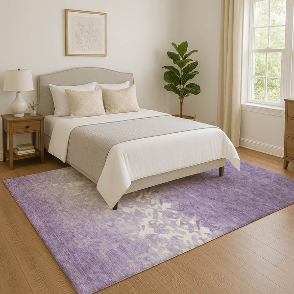 HomeRoots 9' X 12' Elegant Purple and Ivory Damask Area Rug with UV Protection for Homes with Kids & Pets 709443