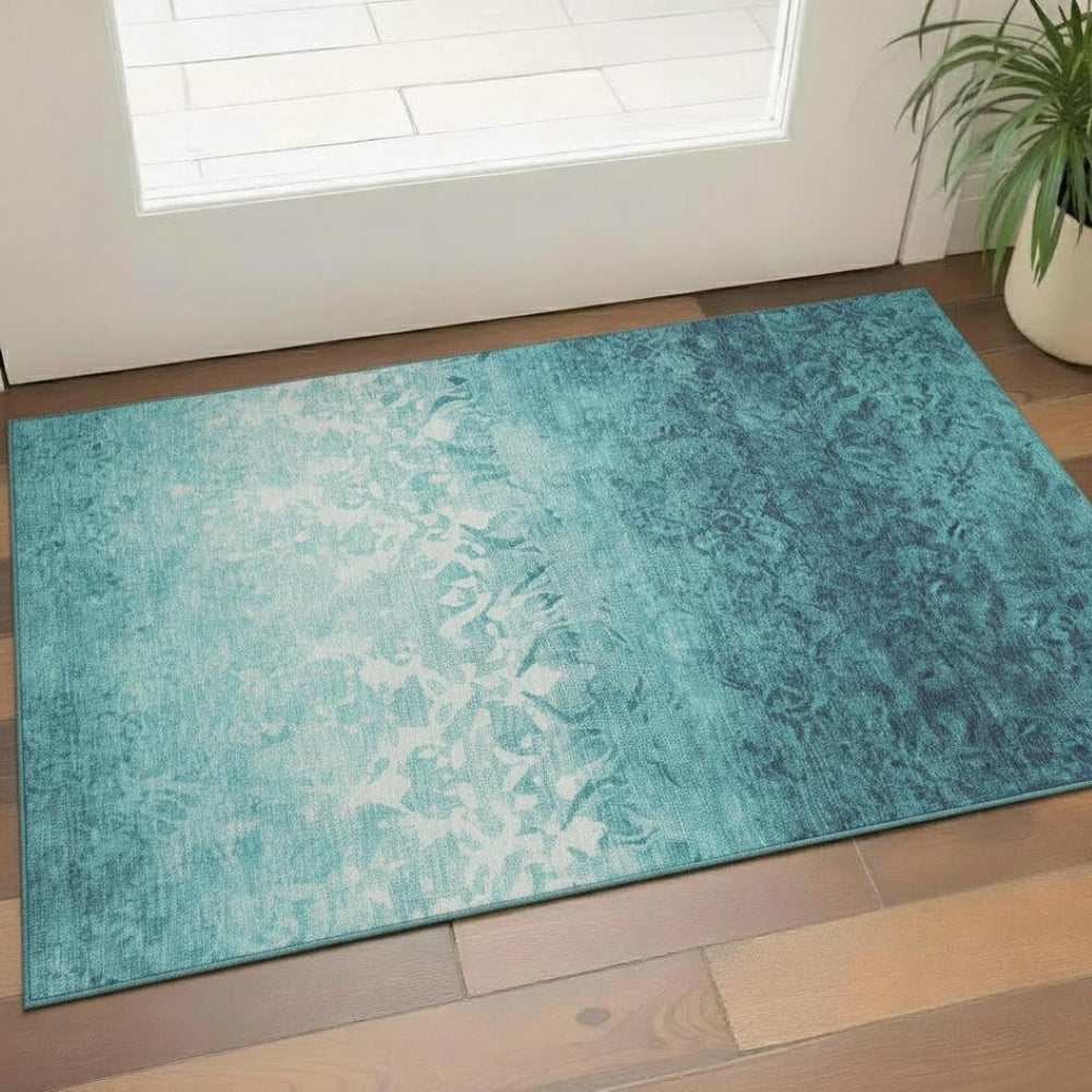 HomeRoots 5' X 8' Teal and Ivory Damask Area Rug - Washable, UV Protected, Non-Slip, Perfect for Active Homes! 709446