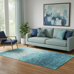 HomeRoots 8' Luxurious Teal and Ivory Damask Washable Round Rug with UV Protection for Family-Friendly Spaces 709447