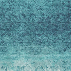 HomeRoots 8' Luxurious Teal and Ivory Damask Washable Round Rug with UV Protection for Family-Friendly Spaces 709447