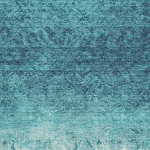 HomeRoots 8' Luxurious Teal and Ivory Damask Washable Round Rug with UV Protection for Family-Friendly Spaces 709447