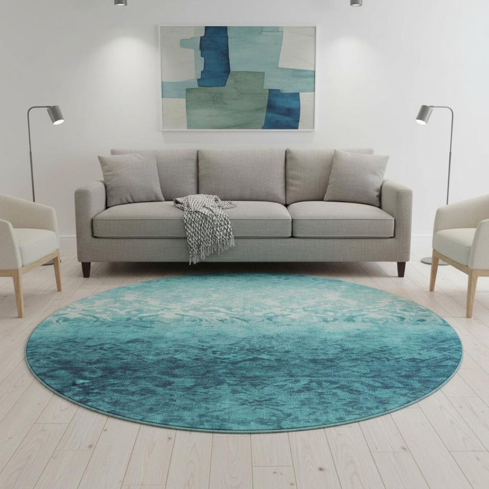 HomeRoots 8' X 10' Teal And Ivory Damask Area Rug - Washable, UV Protected, Perfect for Homes with Kids & Pets! 709448
