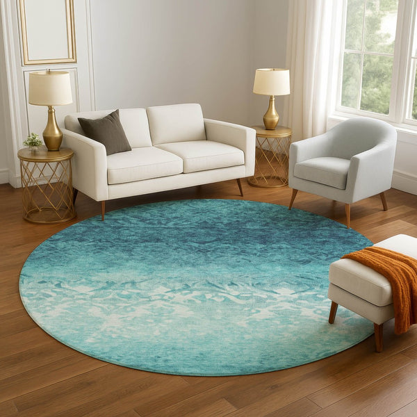 HomeRoots 8' X 10' Teal And Ivory Damask Area Rug - Washable, UV Protected, Perfect for Homes with Kids & Pets! 709448