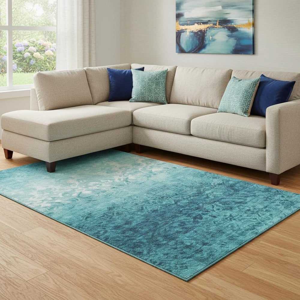HomeRoots 9' X 12' Teal & Ivory Damask Area Rug - Washable, UV-Protected, Durable Design for Busy Homes 709449