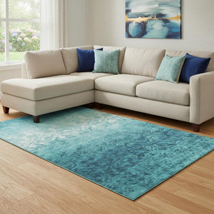 HomeRoots 9' X 12' Teal & Ivory Damask Area Rug - Washable, UV-Protected, Durable Design for Busy Homes 709449