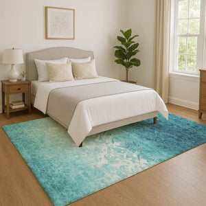 HomeRoots 9' X 12' Teal & Ivory Damask Area Rug - Washable, UV-Protected, Durable Design for Busy Homes 709449
